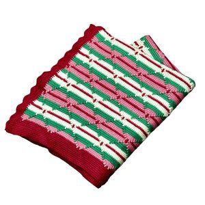 Vintage Handmade Crochet Afghan Throw Blanket Pink Green 62x39 Inch Cottagecore
